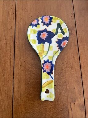 Anthropologie Tivoli Ceramic Floral Spoon Rest Hand Painted Initial A